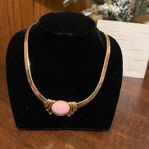 Trifari Vintage Collar Necklace Pink Cabochon Gold Chain Signed 1980s